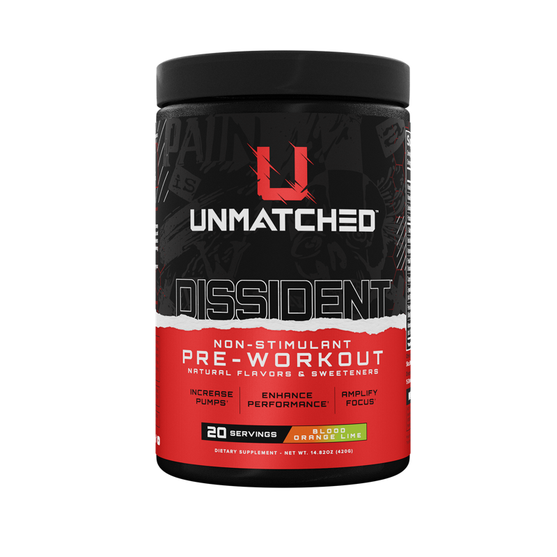 Unmatched Supplements Dissident stimulant-free pre-workout, Blood Orange Lime flavor, 20 servings